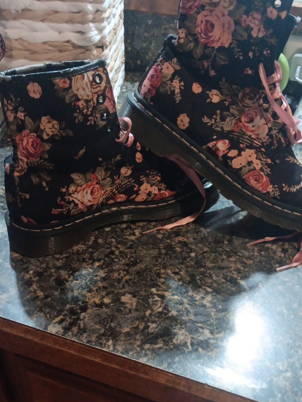 Dr. Martens Black Floral Combat Boots with Pink Laces